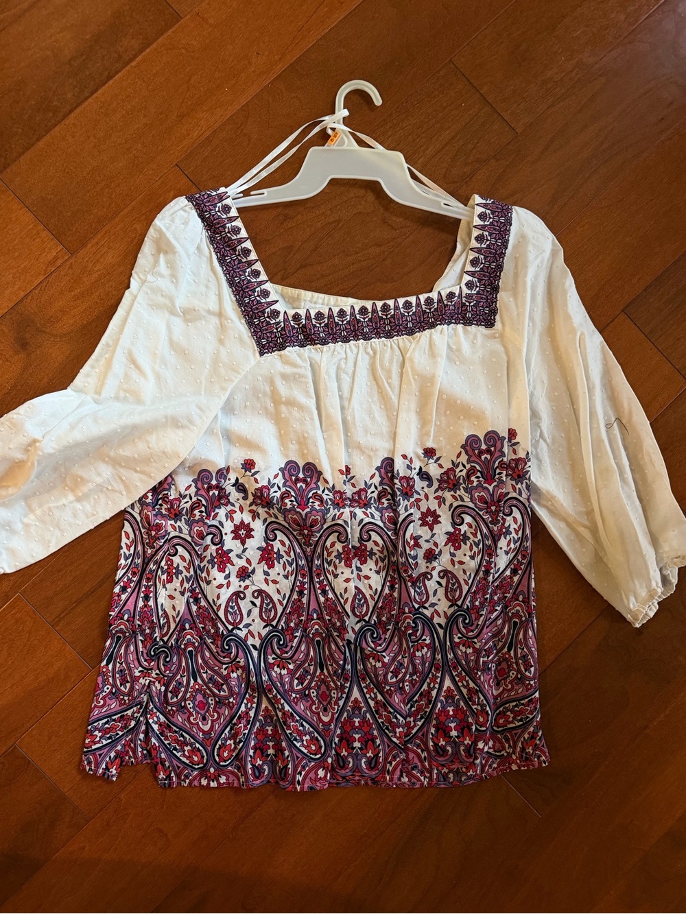 Charter Club White Peasant Top with Burgundy & Navy Paisley Border